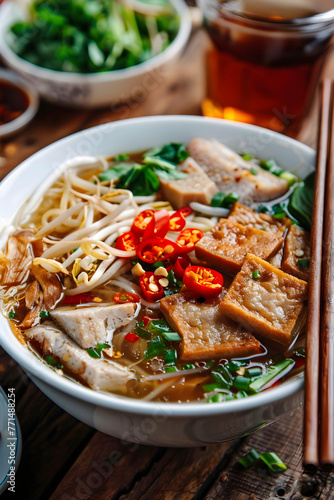 A Deliciously Prepared Kway Teow Noodle Soup Served with Roasted Pork, Tofu and Fresh Vegetables on a Wooden Table with a Cup of Hot Tea