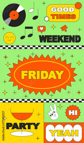 Friday party. Retro vintage styled concert or festival or party flyer or poster design template. Retro party poster. Vector illustration with typography elements
