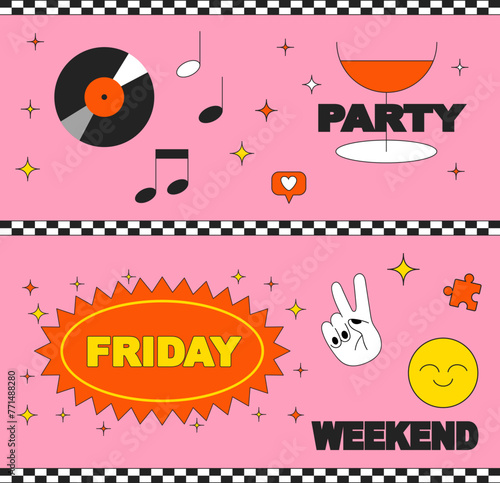 Friday party. Retro vintage styled concert or festival or party flyer or poster design template. Retro party poster. Vector illustration with typography elements
