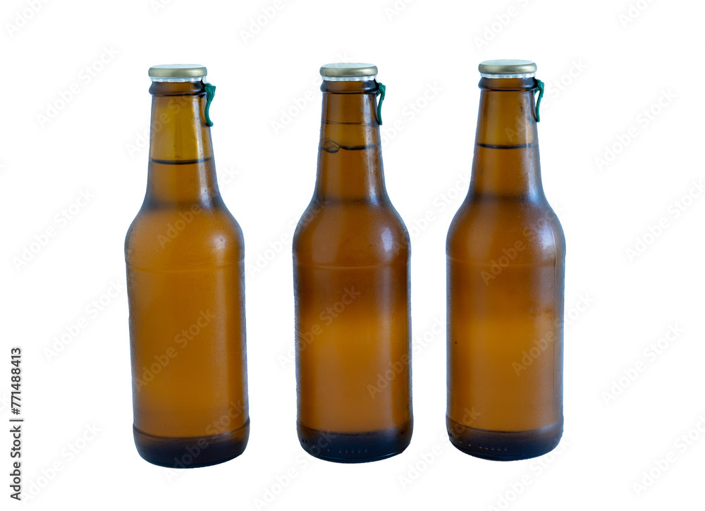 Three beer bottles on transparent background. Three beer bottles on transparent background.