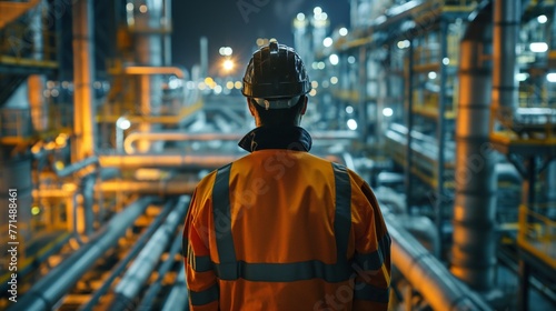 Engineer in safety gear observing an industrial plant with bright lights and complex machinery.