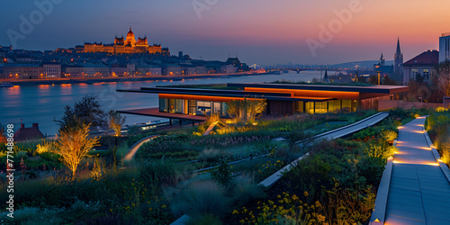 cityscape with the new Museum of Ethnography. roof top garden in Budapest, Hungary. public park. design and architecture concept. modern building. generative ai 