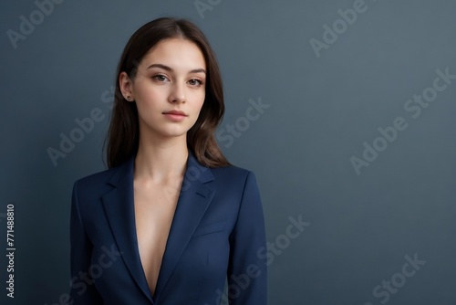 Gorgeous young woman in a dark blue suit confidently posing on a blue background with copy space.