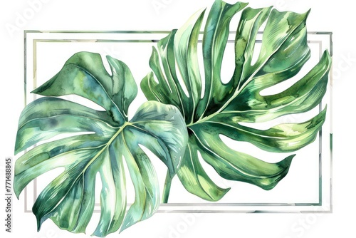 Watercolor illustration of a lush green Monstera leaf photo