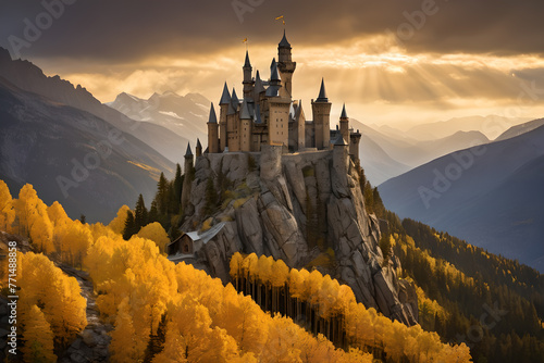 Dark giant black castle in a fantasy world. Scary castle. photo