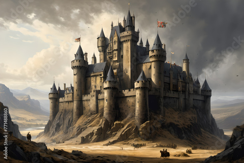 Dark giant black castle in a fantasy world. Scary castle.