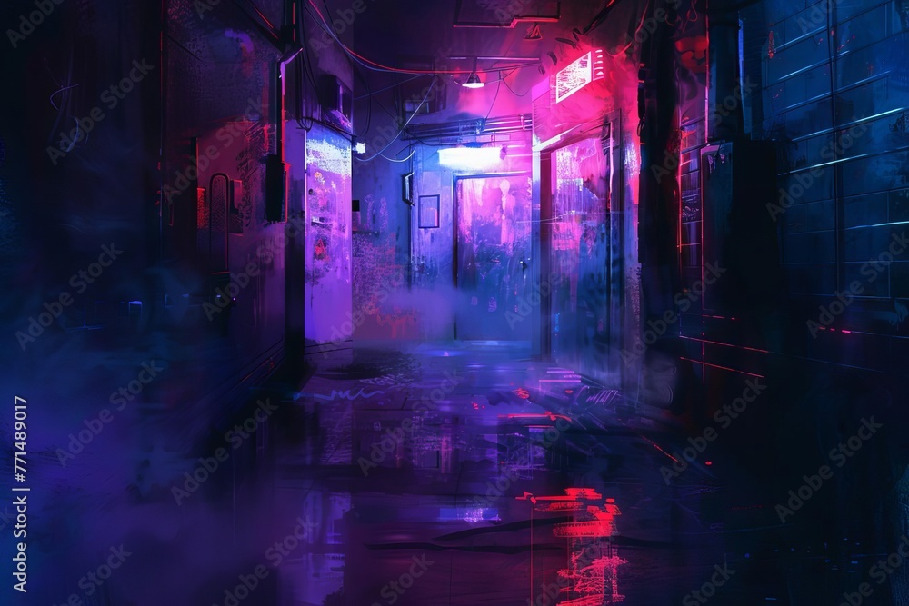 Dark empty street with neon lights and spotlights, smoky interior texture, night view, digital painting
