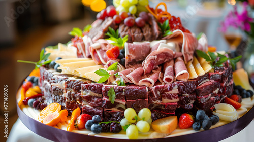 A beautifully arranged charcuterie platter with various meat and cheese items, arranged in the shape of an elegant cake to celebrate special events like weddings. The IP shot in the style of Canon EOS