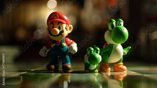 Focus shot of the Yoshi, Luigi, and Super Mario figurines. photo