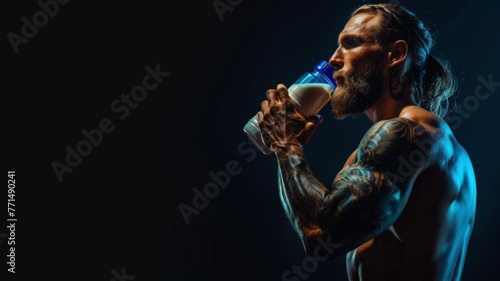 Man drinking milk with tattoos displayed - A tattooed man engages in a refreshingly healthy activity by drinking milk, juxtaposed against his edgy appearance