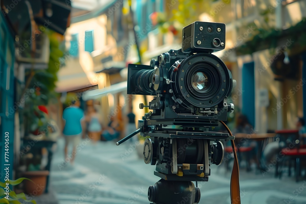 Vintage film camera capturing a candid street scene.
