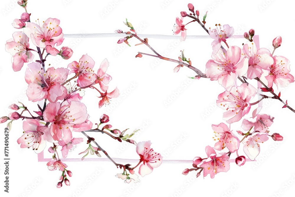 Spring cherry blossoms and branches forming a delicate rectangle frame in watercolor clipart style