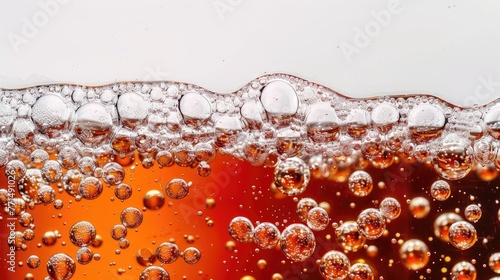 A close up of bubbles in a glass of soda. The bubbles are in various sizes and are scattered throughout the glass. Concept of fun and playfulness, as the bubbles are a common sight in soda drinks