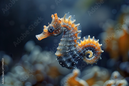 Spotted seahorse floating in mysterious sea. 
