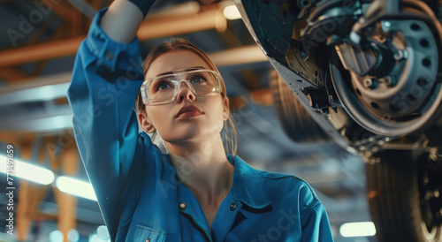 Female mechanic working on a car underneath  wearing a blue uniform and safety glasses in a modern automotive workshop