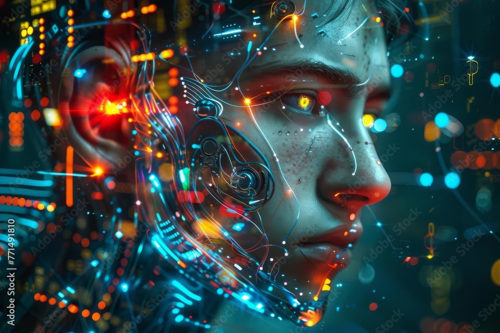 Futuristic cyborg portrait, half human half machine, glowing circuitry and mechanical parts, sci-fi concept art Futuristic cyborg portrait, half human half machine, glowing circuitry and mechanical parts, sci-fi concept art