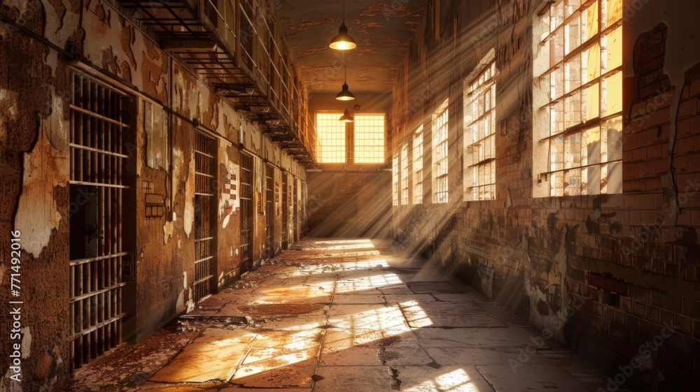Sunlit, decaying prison corridor - A sunlit, decaying prison corridor evokes feelings of escape and the passage of time Sunlit, decaying prison corridor - A sunlit, decaying prison corridor evokes feelings of escape and the passage of time