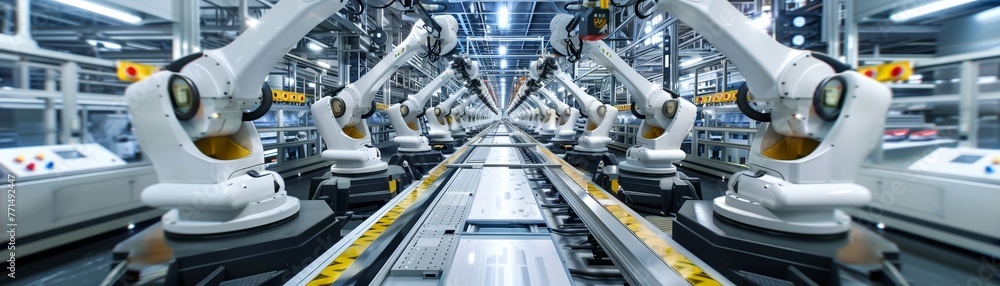 A dynamic shot inside a smart factory: robotic arms work in harmony with a conveyor belt, revolutionizing production
