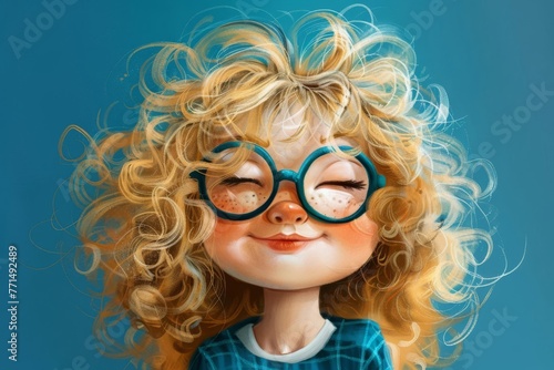 Happy little curly blond girl with big eyeglasses, digital painting illustration on solid blue background