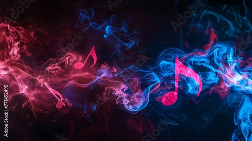 Vibrant smoke trails forming musical notes - Colorful smoke intertwining into the shape of musical notes against a dark background reflecting concepts of art and creativity