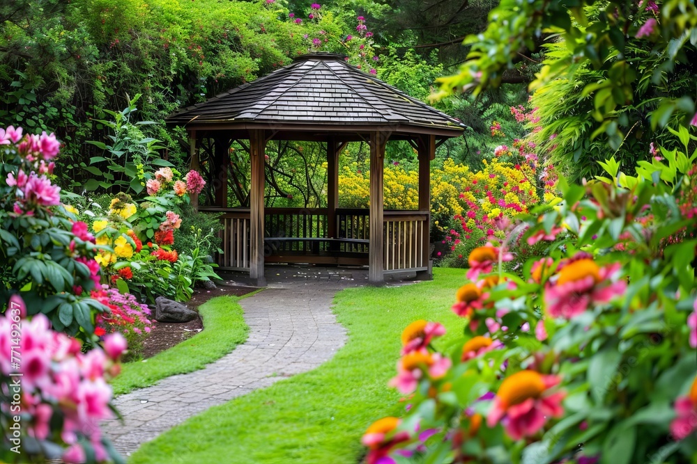Lush garden path leading to a charming wooden gazebo, surrounded by vibrant blooming flowers Lush garden path leading to a charming wooden gazebo, surrounded by vibrant blooming flowers
