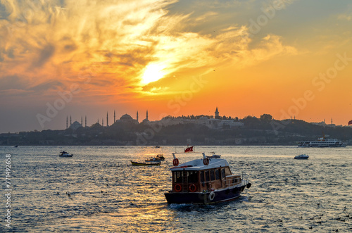 sultanahmet, hagia sophia, topkapi palace and sunset over the bosphorus, istanbul photo