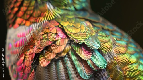 A close-up of a hummingbird's feathers. The feathers are iridescent and shine in the light.