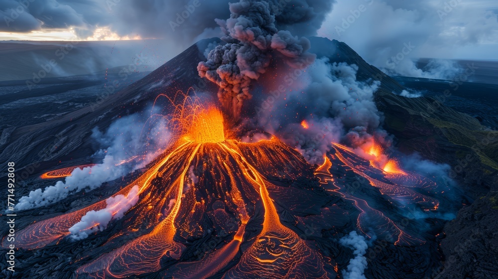 Erupting volcano, lava flows, ash clouds billowing, nature's raw power