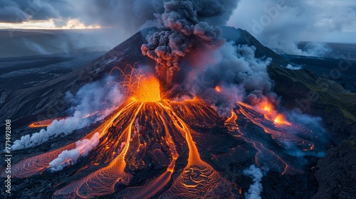 Erupting volcano, lava flows, ash clouds billowing, nature's raw power