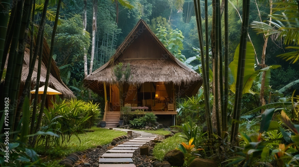 Tranquil yoga retreat in a bamboo forest, harmony with nature, a journey to self-discovery