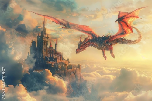 Majestic dragon soaring over a castle in the clouds, epic fantasy scene, dramatic lighting and detailed scales, digital painting