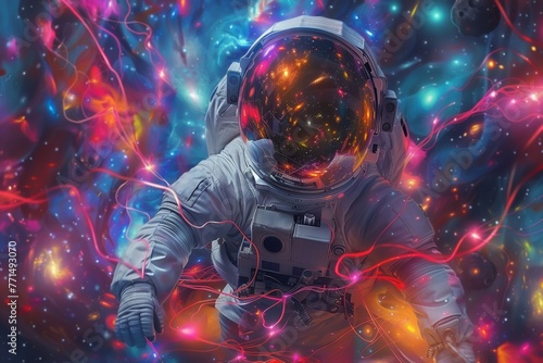 Vibrant abstract forms envelop an explorer of the cosmos, an astronaut adrift in dreamscape galaxies
