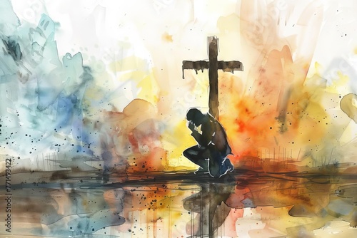Man kneeling and praying in front of cross, digital watercolor painting, religious concept illustration