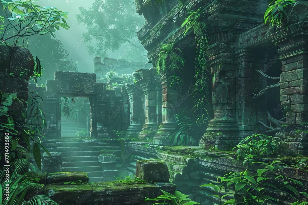 Mysterious ancient temple ruins in a misty jungle, lush vegetation and crumbling stone architecture, digital illustration