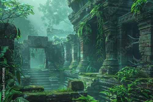 Mysterious ancient temple ruins in a misty jungle  lush vegetation and crumbling stone architecture  digital illustration