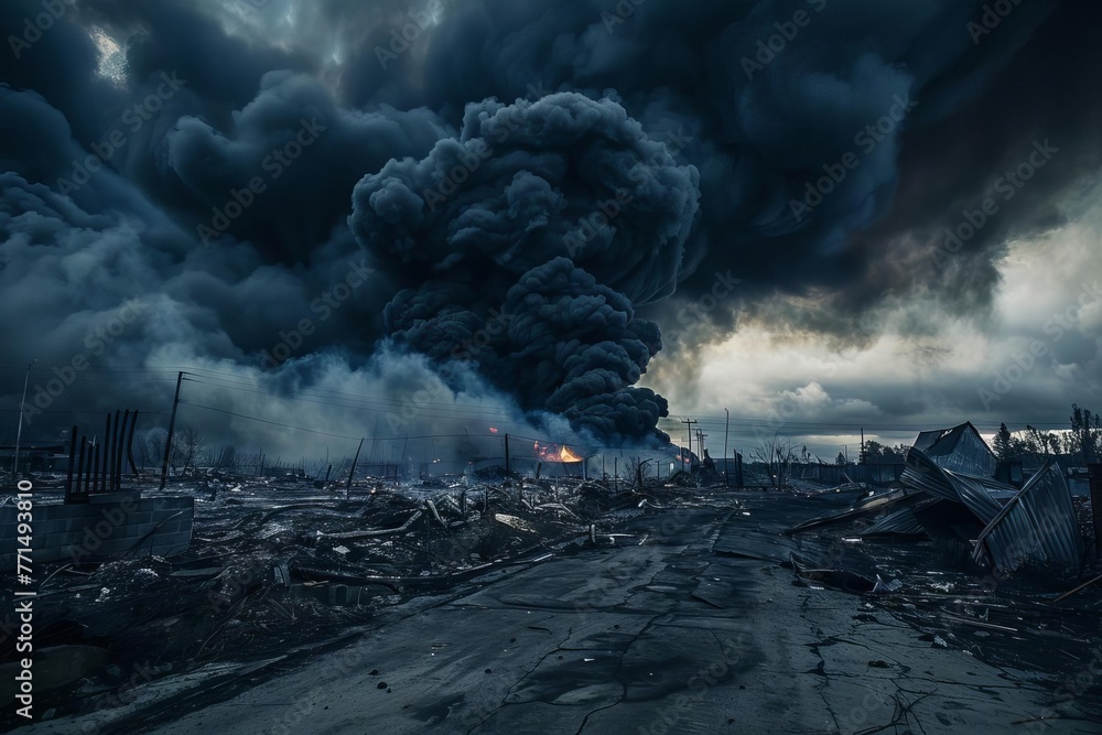 Ominous black cloud rising from the aftermath of a devastating fire, conveying a sense of danger and destruction - obrazy, fototapety, plakaty 