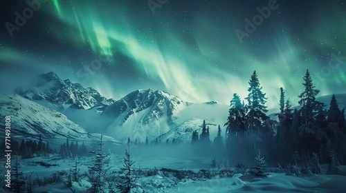 Aurora borealis over the frosty forest. Green northern lights above mountains. Night nature landscape with polar lights. Night winter landscape with aurora. Creative image. winter holiday concept photo