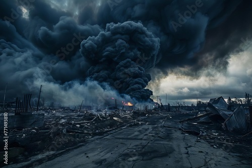 Ominous black cloud rising from the aftermath of a devastating fire, conveying a sense of danger and destruction