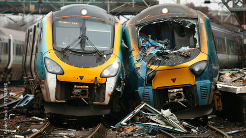 massive trains collided and derailed, with different parts of it shattered 