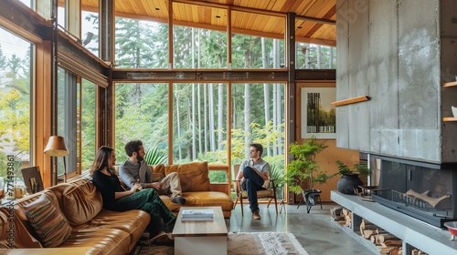Three people relaxing in a modern living room with large windows looking out onto a forest.