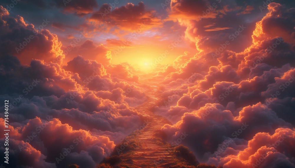 Stairway among evening clouds leading to Heaven.