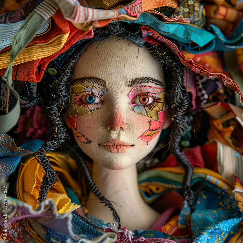 A handcrafted doll amidst a swirl of colorful fabric scraps A handcrafted doll amidst a swirl of colorful fabric scraps