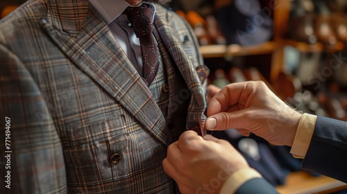 A tailor is carefully sewing a button on a man's suit jacket. The man is wearing a white shirt and a patterned tie. photo