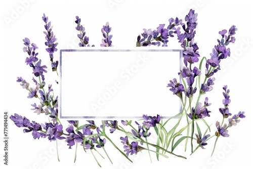 Elegant lavender stems gracefully framing a rectangle in watercolor clipart style
