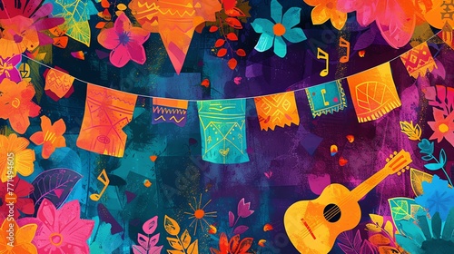vibrant background with colorful flowers, leaves, and a guitar. The perfect backdrop for a fiesta or celebration. photo