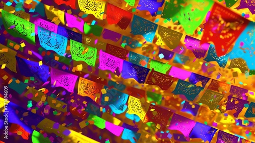 A colorful celebration of life with papel picado flags and confetti.