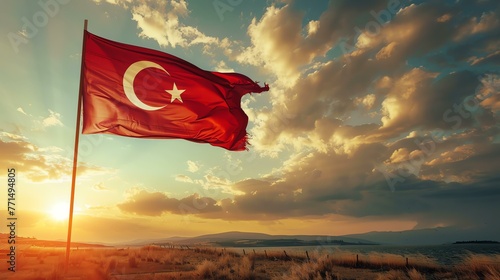 A flag of Turkey is waving in the wind. The flag is red with a white crescent moon and star. photo