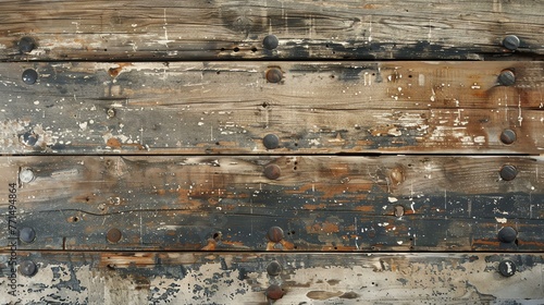 Rustic wooden background with peeling paint and rusty nails. The wood is a medium brown color, with the paint a light blue color. photo