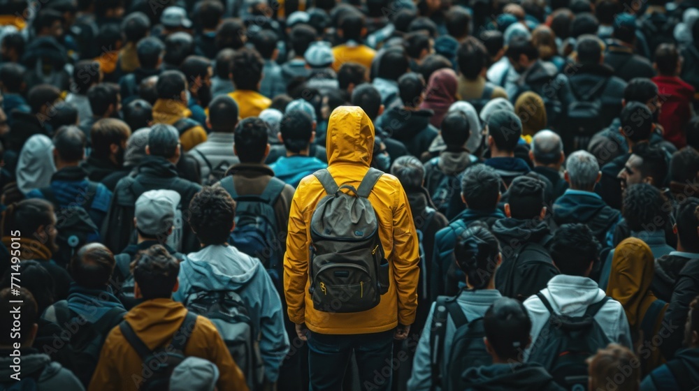 Obraz premium Man in yellow jacket standing out from large crowd of people in the middle of the street