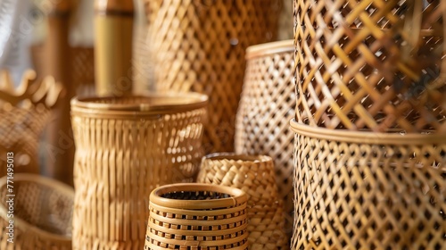 A variety of handmade bamboo baskets in different shapes and sizes. The baskets are made from natural materials and have a rustic, handmade look.